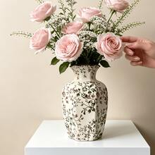 1 pieza Jarrón de cerámica vintage con diseño floral, jarrón hexagonal con esmalte agrietado y borde oscuro, jarrón decorativo de estilo campestre adecuado para el hogar, sala de estar, entrada, boda - multicolor - Ver 6