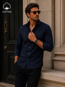 Men's Casual Solid Color Button-Front Long Sleeve Shirt, Spring/Autumn - Navy Blue - View 1