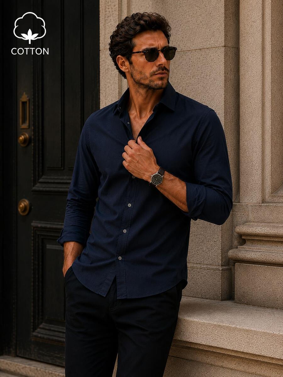 Men's Casual Solid Color Button-Front Long Sleeve Shirt, Spring/Autumn - Navy Blue - View 1