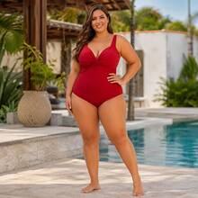 Plus Size Crossover Swimsuit, Casual And Elegant. - 紅木色 - 查看 5