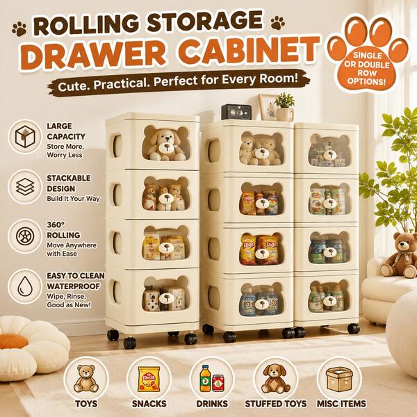Stackable Drawer Storage Cabinet With Wheels, Multi-Tier Rolling Storage Organizer, Waterproof Plastic Storage Bins For Home & Room Organization (3/4/5 Tier)