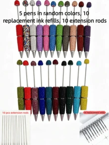 [30pcs]Includes 10pcs Full Rhinestone Solid Color Beaded Pens, Paired With 10pcs Extended Rods To Meet More Creative Needs, 10pcs Replacement Ink Refills For Easy Replacement, Perfect For Desk Decoration, Gift Giving, And Holiday Atmosphere Decor - Multicolor - View 9