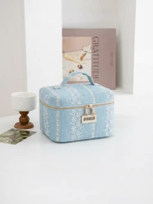 Bolsa de maquillaje azul de gran capacidad y moda, bolsa de viaje de vacaciones con patrón floral lindo, bolso de mano elegante de alta gama bohemio, bolsa de aseo de viaje portátil con cremallera, bolsa de almacenamiento portátil, esencial de viaje, útiles escolares, juego de bolsas de maquillaje de tela suave, cartera y bolso de mujer de moda, adecuado para el hogar, viajes, vacaciones y escuela, esencial para el dormitorio, regalo para dama de honor, regalo del Día de la Madre, regalo de cumpleaños. (Patrón aleatorio) - Celeste - Ver 12