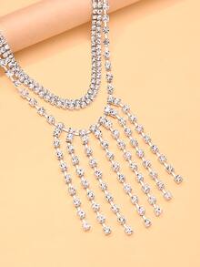 1pc Multi-Layer Tassel Necklace With Rhinestones, Niche Elegant Collarbone Chain, Elegant Wedding Outfit Accessory For Women - Silver - View 5