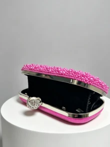 1pc Burgundy Pearl Decor Evening Clutch, Luxury Faux Pearl Closure Hard Shell Wallet, Elegant Box Bag For Wedding/Party/Ball/Banquet - Hot Pink - View 4