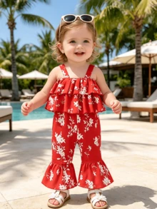 MYVLNA 1 pieza Mono sin mangas con volantes y estampado floral rojo dulce para niñas bebé, nuevo diseño de primavera/verano - Rojo - Ver 3
