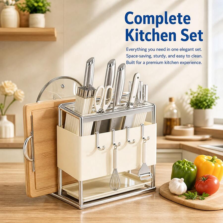Knife Holder Storage Organizer With Hooks, Stainless Steel Knife Block Holder Cutting Board Rack,Kitchen Utensils Holder With Drainer Tray For Kitchen Countertop