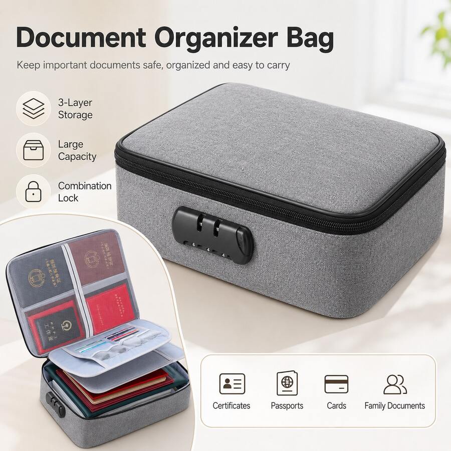 [Fireproof Bag] High Quality Fireproof Document Bag 17x11.8x5 Inches, 3 Carrying Ways, Multi-Layer Storage Bag, With Mesh Pocket, Card Slot And Combination Lock, Suitable For Travel, Home And Office Emergency Preparedness - C - View 1