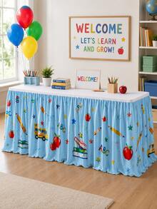 1pc Cartoon Pencil Book Star Print Rectangular Table Skirt - Perfect For Home Decor, Room Decor, Bedroom Decor, Garden, Kitchen, Teacher Welcome Desk & Classroom Party Dessert Table Cover - Multicolor - View 5
