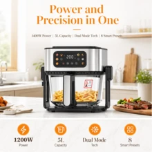 2-In-1 Air Fryer & Indoor Grill Combo 1200W, 5L Glass Bowl With Visible Window, Oil-Free, 8 Presets, Touch Screen, Dishwasher, For Steak Chips Shrimp Fish Chicken, 304 Stainless Steel, Quartz Glass - US B Type Plug(110-127V) - View 3