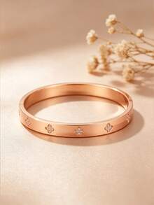 1/5Pcs Gold Plated Stainless Steel Cuff Bangles For Women, Classic Rhinestone Inlaid Stackable Bracelets, Non Tarnish Waterproof Jewelry - Rose Gold - View 11