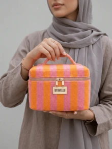 Bolsa de Maquiagem de Grande Capacidade na Moda, Bolsa de Viagem Fofa com Padrão Listrado de Blocos de Cores, Clutch Elegante e Sofisticada de Estilo Boêmio, Bolsa de Higiene Pessoal Portátil com Zíper para Viagem, Bolsa de Armazenamento Portátil, Essencial de Viagem, Suprimentos de Volta às Aulas, Conjunto de Bolsa de Maquiagem de Tecido Macio, Carteira e Bolsa Feminina na Moda, Adequado para Casa, Viagem, Férias e Escola, Essencial de Quarto, Presente de Madrinha, Presente do Dia das Mães, Presente de Aniversário. (Padrão Aleatório) - Laranja - Visão 7