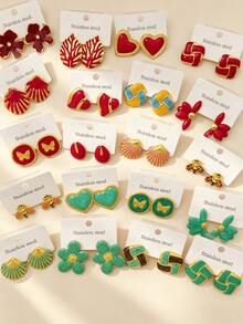 24 Stücke Set Edelstahl Ohrringe für Frauen - Geometrische Blumen Herz Schmetterling Blatt Ohrringe Schmuck, Alltag Urlaub Festival Geschenk, zufällige Stile - Verschiedenfarbig - Übersicht 3