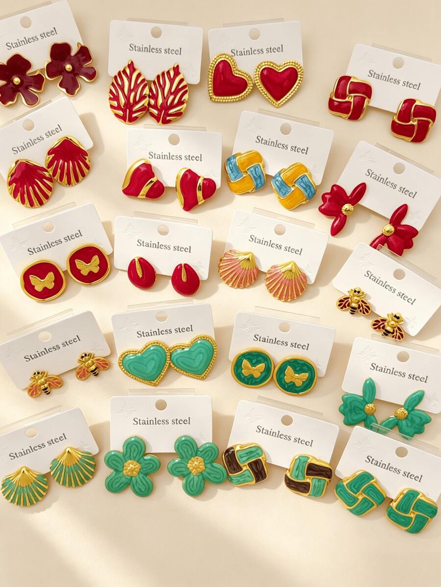 24Pcs Stainless Steel Earrings Set Women - Geometric Floral Heart Butterfly Leaf Earrings Jewelry, Daily Wear Vacation Festival Gift, Random Styles - Multicolor - View 1