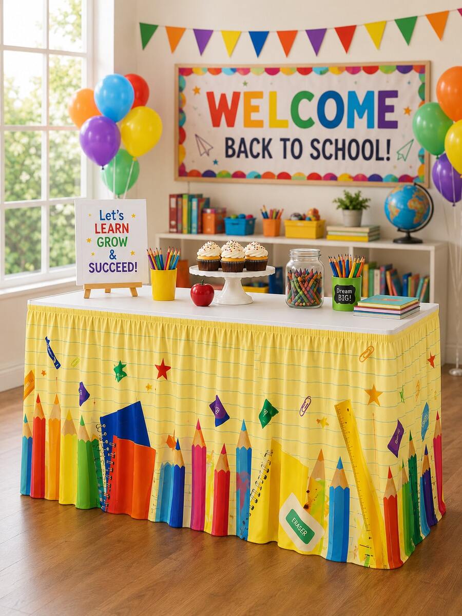 1pc Colorful Crayon, Ruler, Eraser Pattern Table Skirt, Suitable For Home Decor, Room Decor, Bedroom Decor, Garden, Kitchen, First Day Of School Classroom Decor And Teacher's Desk Skirt - Multicolor - View 1