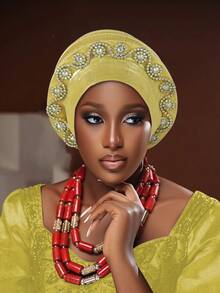1pc Stylish And Versatile African-Style Headscarf Hat, Adorned With Rhinestones, Is Perfect For Weddings And Banquets. - Multicolor - View 11