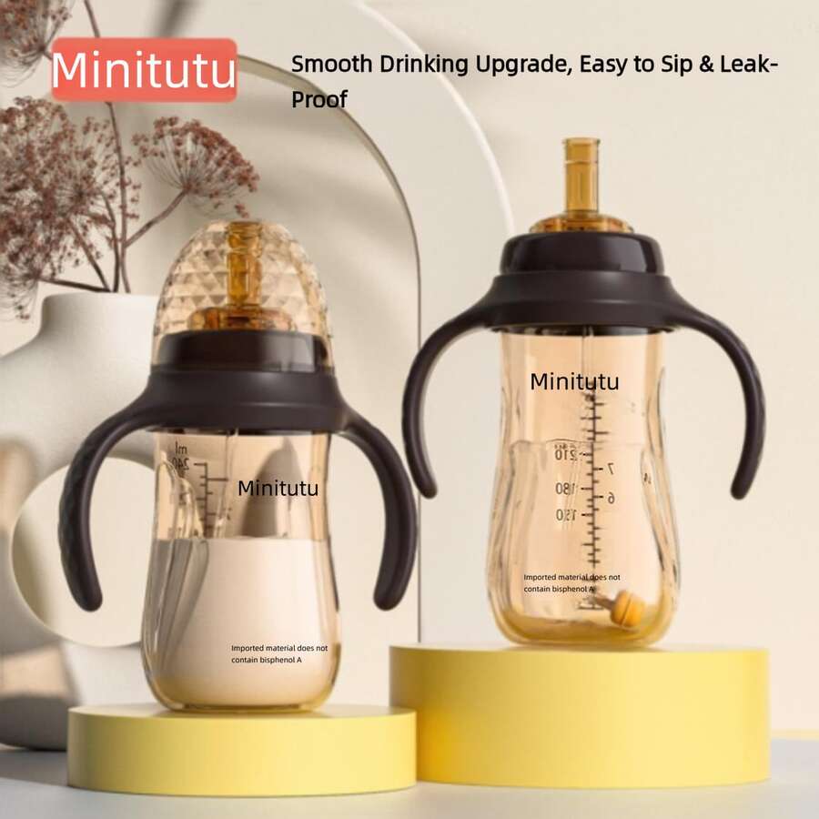 1pc Children's Nano Silver Material Wide Mouth Water Cup With Handle And Straw, Suitable For Home And Travel - Brown - View 1
