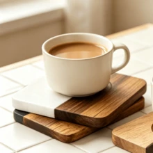 Heat Resistant Non-Slip Marble Acacia Wood Spliced Coasters, Round Square Hexagon Shapes Elegant Table Protector Pad For Hot Mugs Cookware, Compact Decor Accessory Suitable For Home Kitchen Dining Table Daily Household Dining Scenes - Multicolor - View 8