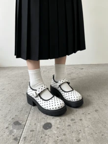Black Mary Jane High Heels Women's 2024 Summer New Shoes Versatile College Style Thick Sole Shoes/Polka Dot Thick Sole Mary Jane Shoes Women's Height Increasing Leather Shoes Japanese JK Style Single Strap Round Toe Low Vamp Versatile Shoes - Black and White - View 6