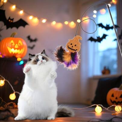 1pc Halloween Cat Teaser Wand Pumpkin Ghost Spider Artificial Feather Creative Cat Toy Pet Holiday Supplies Halloween Gift Pet Toy