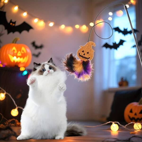 4pcs Halloween Cat Teaser Toys Pumpkin Ghost Spider Artificial Feather Creative Cat Toys Pet Holiday Supplies Halloween Gifts Pet Toys