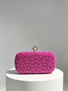 1pc Burgundy Pearl Decor Evening Clutch, Luxury Faux Pearl Closure Hard Shell Wallet, Elegant Box Bag For Wedding/Party/Ball/Banquet - Hot Pink - View 7