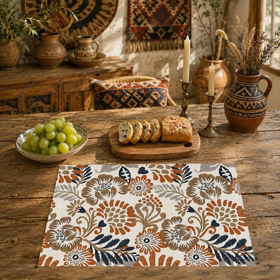 1pc/4pcs/6pcs, Home Decor, Retro Pattern Printed Linen Placemats, Suitable For Dining Table, All-Season Decoration For Spring Summer Autumn Winter, Modern Style Washable Table Mats, Room Decoration, Table Mats, Coasters, Kitchen Dining Table Mats, Indoor Outdoor Party Decoration, Home Decor, Ideal Gift - Multicolor - View 1