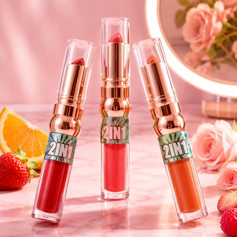Set de 3 labiales y brillos para labios, tonos combinados, textura suave y labios brillantes para uso diario, Paquete de 3 piezas, tonos rojos y rosados, sensacion comoda en labios - Multicolor - Ver 1