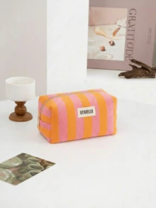Bolsa de Maquiagem de Grande Capacidade na Moda, Bolsa de Viagem Fofa com Padrão Listrado de Blocos de Cores, Clutch Elegante e Sofisticada de Estilo Boêmio, Bolsa de Higiene Pessoal Portátil com Zíper para Viagem, Bolsa de Armazenamento Portátil, Essencial de Viagem, Suprimentos de Volta às Aulas, Conjunto de Bolsa de Maquiagem de Tecido Macio, Carteira e Bolsa Feminina na Moda, Adequado para Casa, Viagem, Férias e Escola, Essencial de Quarto, Presente de Madrinha, Presente do Dia das Mães, Presente de Aniversário. (Padrão Aleatório) - Laranja - Visão 15