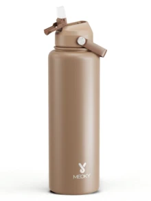 Meoky 40oz Edelstahl isolierte Sport Wasserflasche mit Strohhalm und Griffdeckel, breite Öffnung, doppelwandiges auslaufsicheres Design, hält kalte Getränke 24 Stunden lang kalt und heiße Getränke 12 Stunden lang heiß, geeignet für Büro oder Outdoor-Aktivitäten - 40oz Braun - Übersicht 1
