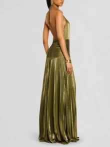 Elegant Women's Halter Neck Pleated Knit Maxi Dress, High Slit Design, Suitable For Parties And Formal Occasions - Gold - View 3
