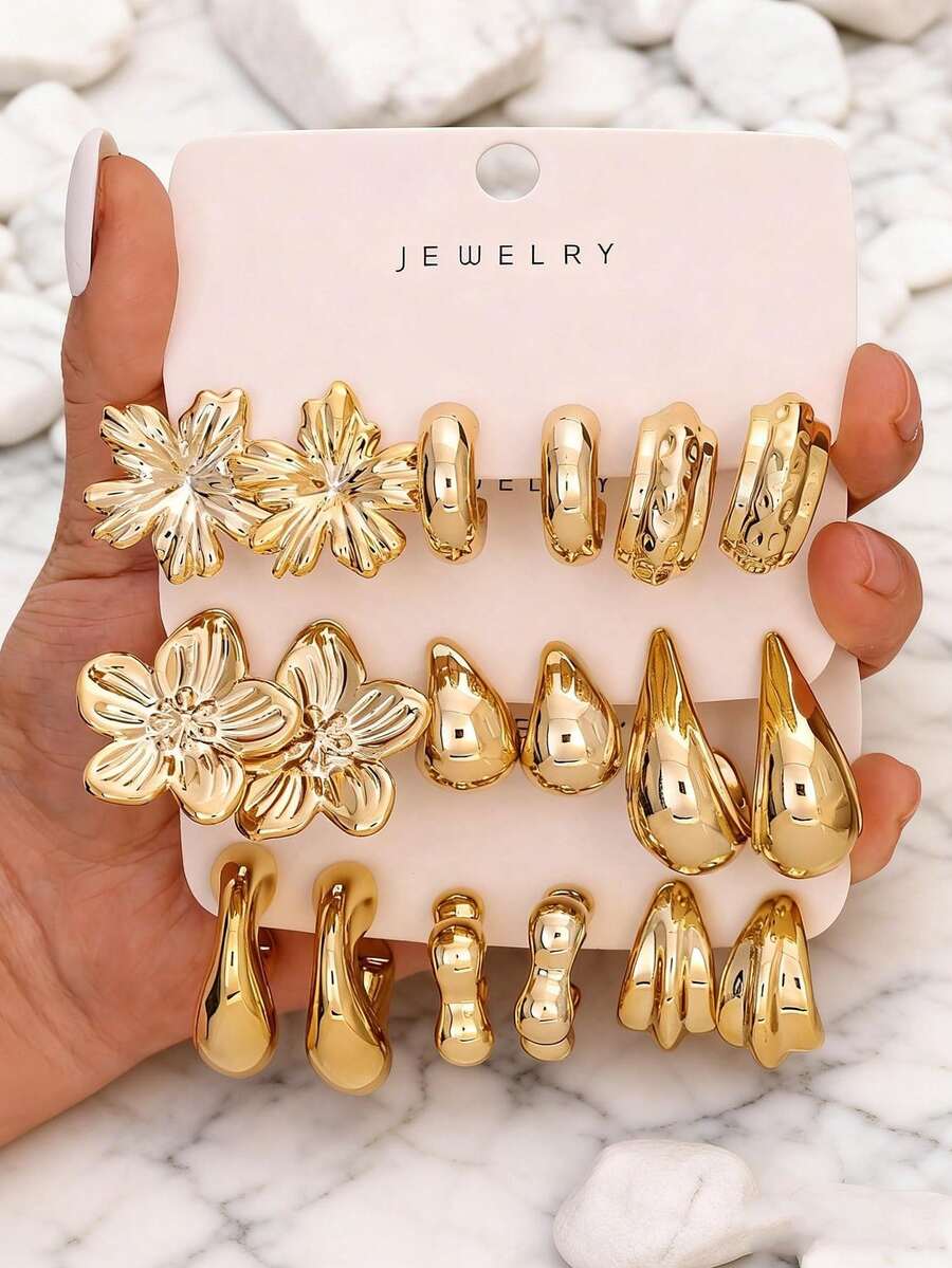 1 Set Golden Tone Floral & Teardrop Earrings Set, Minimalist Metal Hoop & Stud Earrings For Women, Daily Wear Jewelry - Yellow Gold - View 1