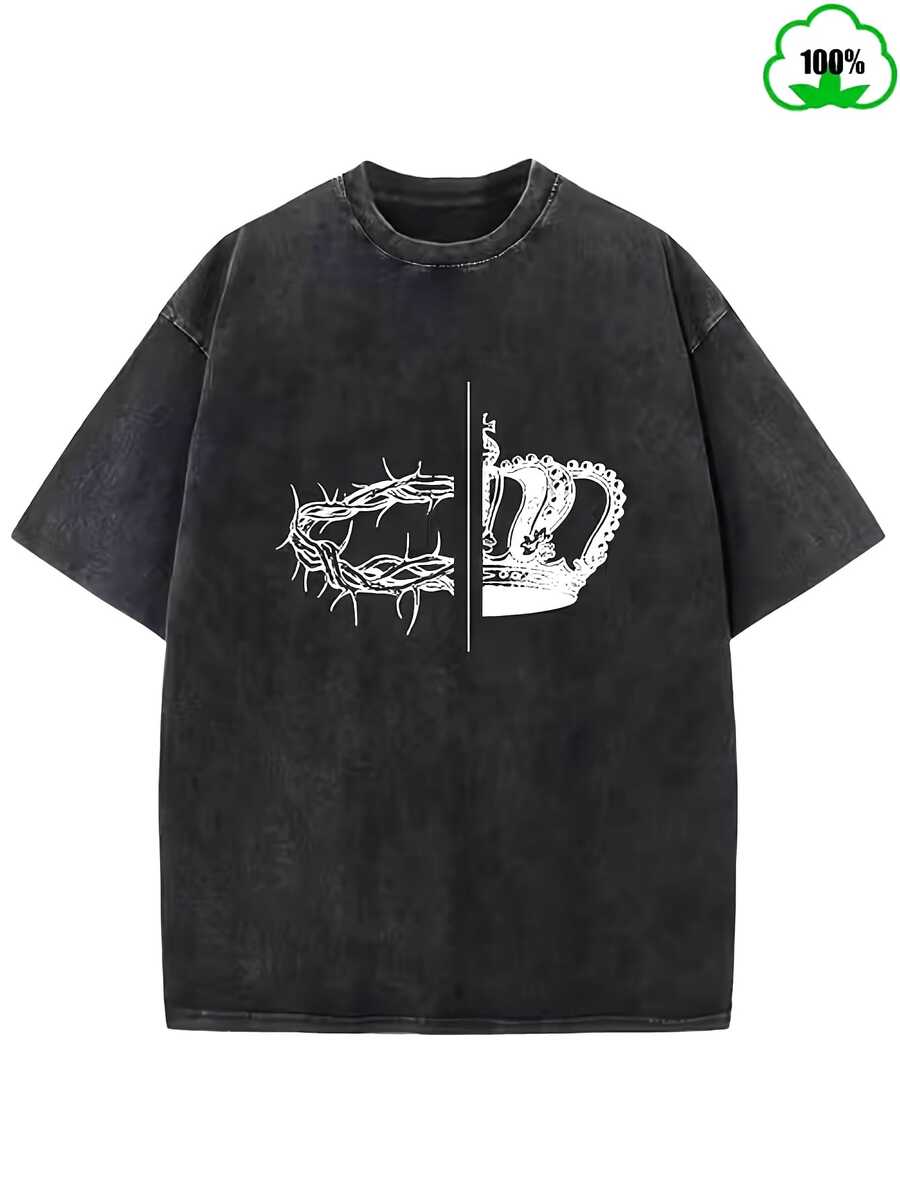 1 pieza de edición limitada para el Día de San Valentín, estilo vintage negro desgastado, estampado de texto, top diario de estilo holgado con cuello redondo - algodón lavado, elemento de co - Negro - Ver 1