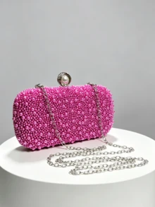 1pc Burgundy Pearl Decor Evening Clutch, Luxury Faux Pearl Closure Hard Shell Wallet, Elegant Box Bag For Wedding/Party/Ball/Banquet - Hot Pink - View 2