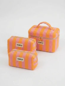 Bolsa de Maquiagem de Grande Capacidade na Moda, Bolsa de Viagem Fofa com Padrão Listrado de Blocos de Cores, Clutch Elegante e Sofisticada de Estilo Boêmio, Bolsa de Higiene Pessoal Portátil com Zíper para Viagem, Bolsa de Armazenamento Portátil, Essencial de Viagem, Suprimentos de Volta às Aulas, Conjunto de Bolsa de Maquiagem de Tecido Macio, Carteira e Bolsa Feminina na Moda, Adequado para Casa, Viagem, Férias e Escola, Essencial de Quarto, Presente de Madrinha, Presente do Dia das Mães, Presente de Aniversário. (Padrão Aleatório) - Laranja - Visão 11