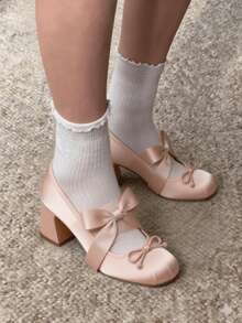 Elegant Cute Womens Ballet High Heels Round Toe Bow Decors Lace Up Block Heel Ballerina Dancing Shoes Party Dressy Occasions Heeled Shoes - 杏色 - 查看 4