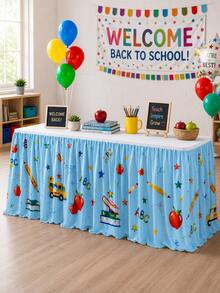 1pc Cartoon Pencil Book Star Print Rectangular Table Skirt - Perfect For Home Decor, Room Decor, Bedroom Decor, Garden, Kitchen, Teacher Welcome Desk & Classroom Party Dessert Table Cover - Multicolor - View 8