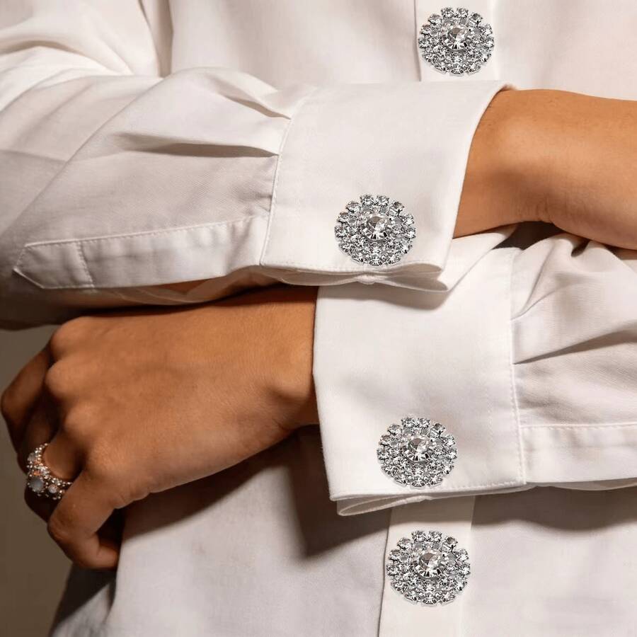 2pcs Shirt Round Diamond Sparkling Rhinestone Round Disc Stud Cufflinks, Flower Cufflinks Clip Buttons, Suitable For Dress, Wedding, Formal Wear Decoration Buttons, Clothing Accessories Gift - Multicolor - View 1