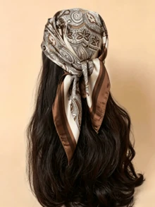 1 Piece Boho Fashion Paisley Print Faux Silk Women's Bandana – Versatile As Headwrap, Hair Accessory, Neckerchief, Shawl For Daily Wear & Vacation - Chocolate Brown - View 3