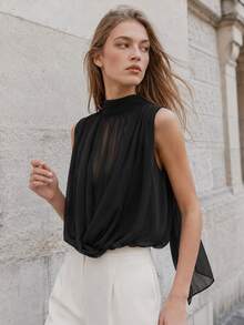 Solid Color Turtleneck Sleeveless Pleated Blouse, Spring/Summer Black - Black - View 4