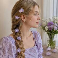 6/10pcs Women's Light Purple Glitter Floral Hair Clips, Multi-Functional Side Clips, Braid Side Clips Decoration, No Pulling Hair, Small Floral Design, Suitable For Dating, Outing, Photography, Gentle Fairy Tale Style, Sweet Korean Girl Braided Hair Styling Decoration - Purple - View 2