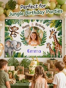 Custom 1pc Banner With Name, Age, Text And Animal Pattern. Multi-Functional Durable Vinyl Banner, Suitable For Birthday Party, Birthday Gift, Gathering, Baby Shower, Indoor/Outdoor Home Activities, Year-Round Home Decor And Photography Studio Props. Includes Pre-Punched Corners And White Ribbon. Available In 3 Sizes. 2D Flat Design. - Multicolor - View 3