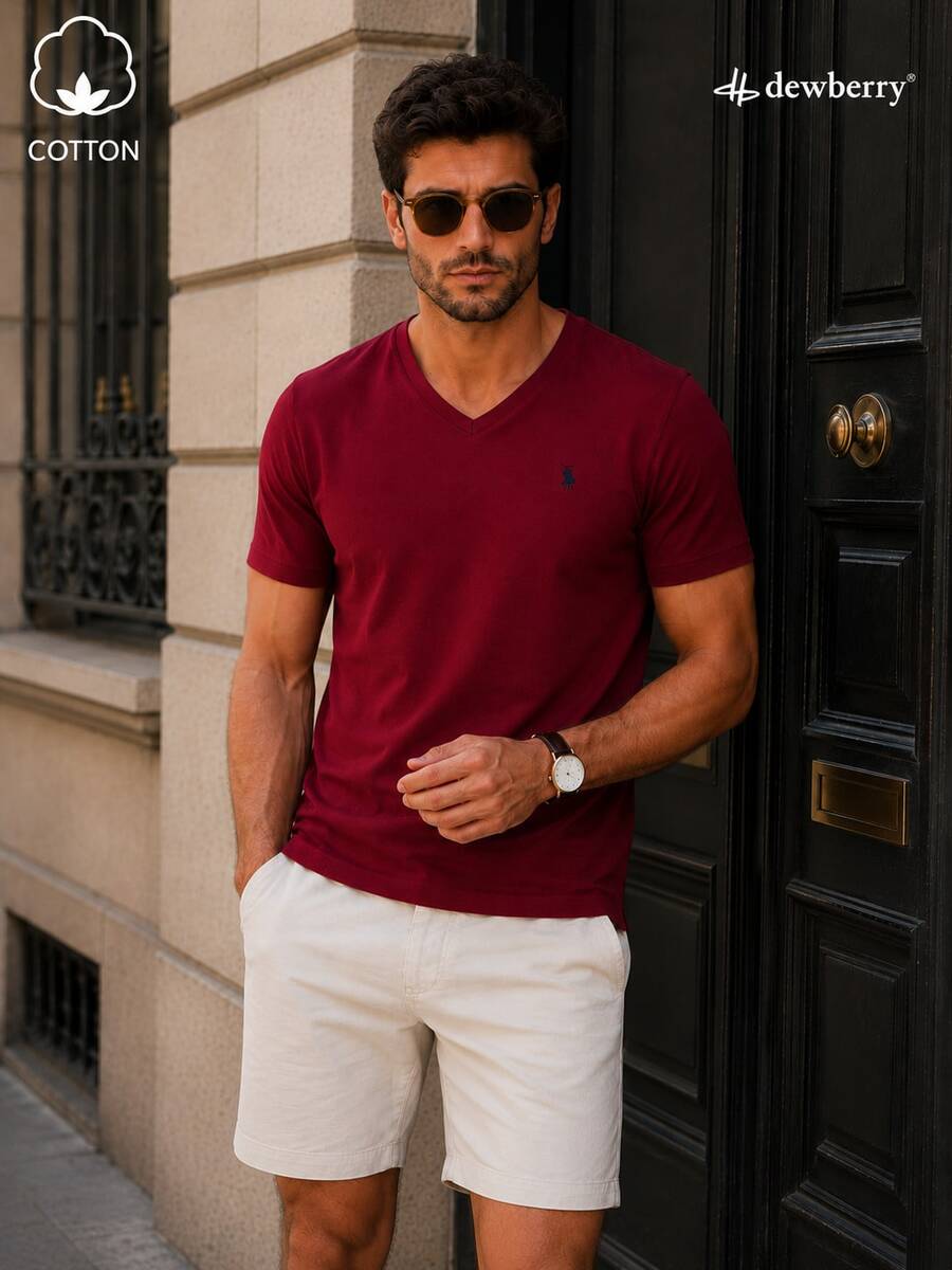 T8568 DEWBERRY Men V NECK T-SHIRT - Burgundy - View 1