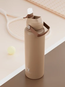 Meoky 40oz Edelstahl isolierte Sport Wasserflasche mit Strohhalm und Griffdeckel, breite Öffnung, doppelwandiges auslaufsicheres Design, hält kalte Getränke 24 Stunden lang kalt und heiße Getränke 12 Stunden lang heiß, geeignet für Büro oder Outdoor-Aktivitäten - 40oz Braun - Übersicht 7