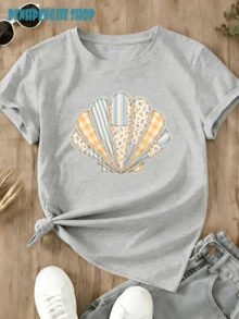 Women's Oversized T-Shirt With Seashell Design, Coastal Style, Casual Summer Tops, Clothing For 4th Of July, Graduation, Teacher's Clothing, Women's Summer Vacation - 淺灰色 - 查看 2