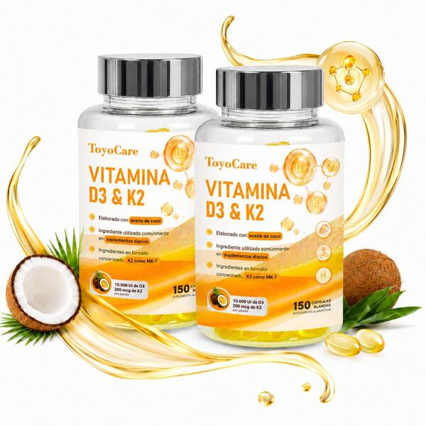 ToyoCare Suplemento Premium de Vitamina D3, K2, Aceite de coco - Fórmula Avanzada para Salud Ósea, Muscular e Inmunológica,150 Cápsulas Veganas | 10,000 de D3 & 200 mcg de K2 | Vegetarianismo