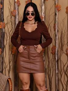 Women's Black Faux Leather Short Skirt For Winter - Mocha Brown - View 1