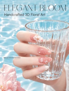 NAIO 10片裝 3D花卉藝術設計珍珠金飾亮粉漸層全覆蓋穿戴式美甲片，優雅風格，適合方型甲，適用於女性與女孩日常與派對佩戴 - 彩色 - View 3