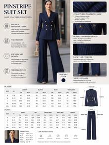Women's Blue Striped Double-Breasted Blazer And Trousers Set, Elegant Two Pieces Suit Fall - Navy Blue - View 3