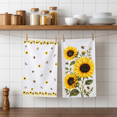 2pcs Sunflower & Bee Pattern Kitchen Towels, Sunny Countryside Design, Suitable For Summer Kitchen Decor, Beehive Theme Home, Rustic Farmhouse Decor, Family BBQ Party, Garden Party Decoration, Outdoor Picnic, Harvest Season Display, Thanksgiving Home Decor And Floral Enthusiasts